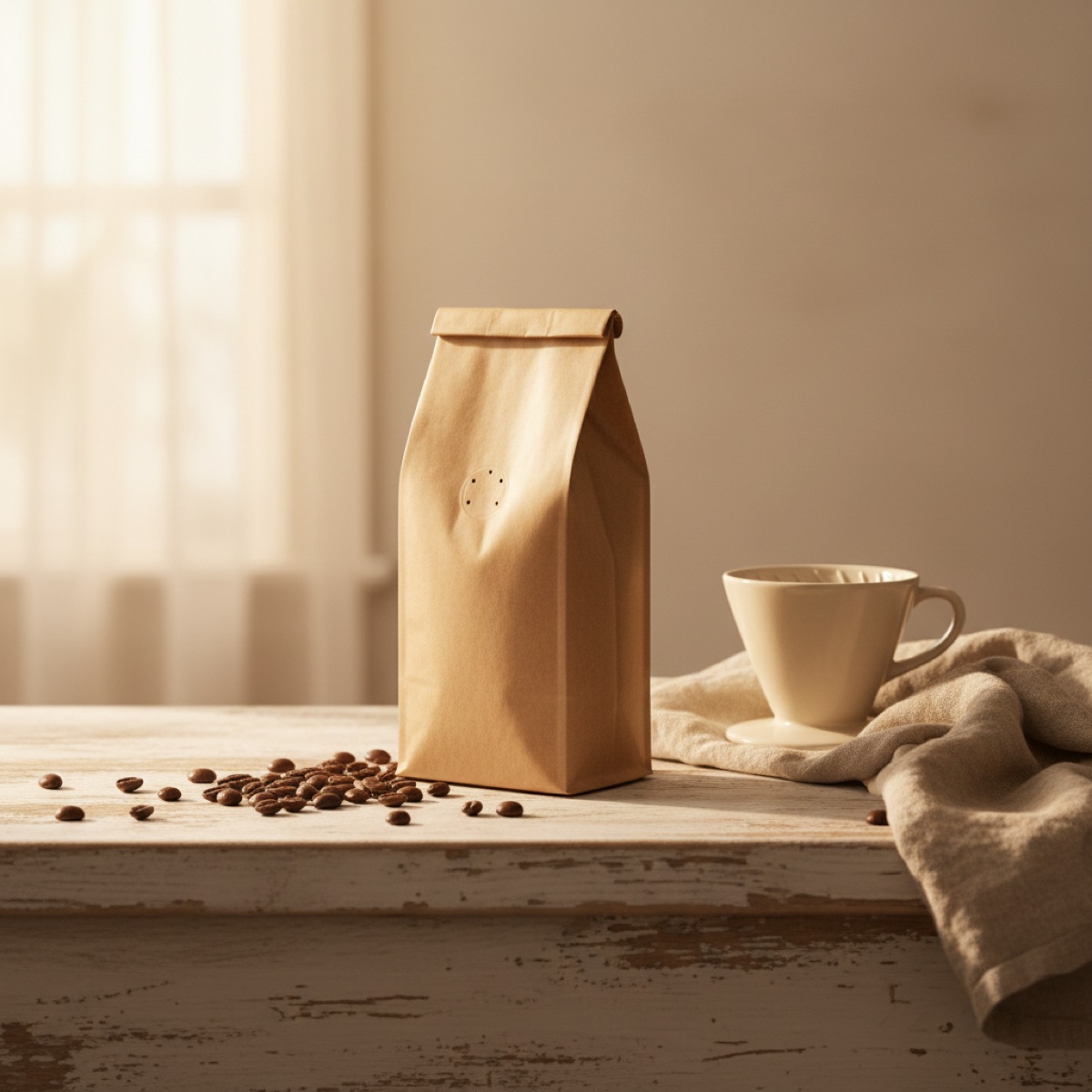 A bag of speciality coffee on a wooden counter beside a pour-over cone, with beans scattered in front.